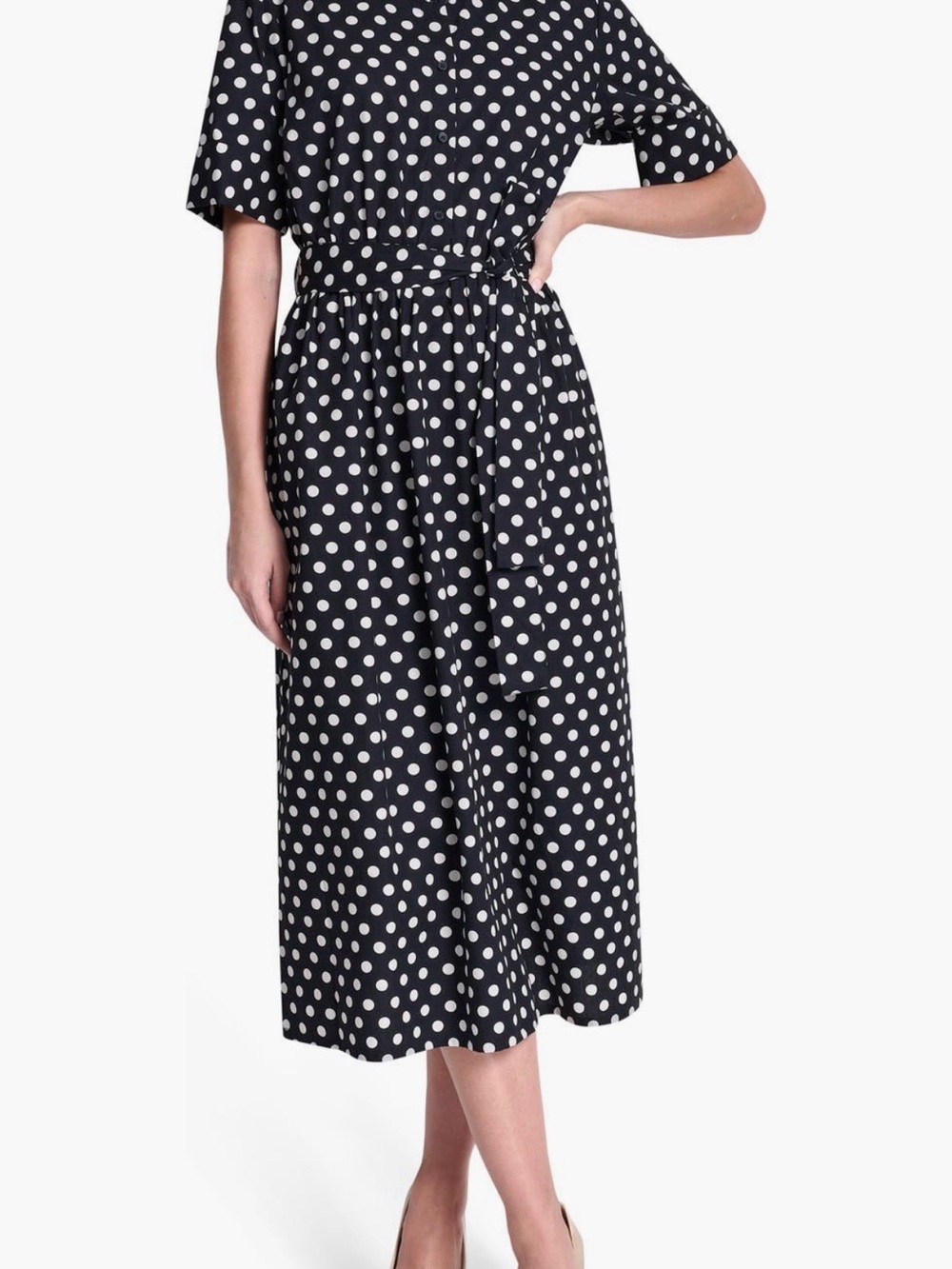 DKNY Navy and White Polka Dot Midi Dress with elastic and Tie Waist